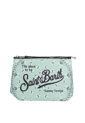 Portaoggetti azzurro chiaro con cerniera, motivo paisley e testo nero con la scritta "The place to be Saint Barth Summer Paradise."