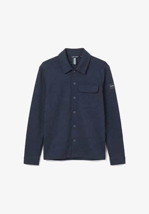 Marineblauwe overhemdjas met lange mouwen met drukknopen, één klepzak op de borst, kraag en logopatch op de linker bovenmouw.