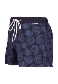 Shorts de bain bleu marine ornés d'un motif de coquillage en spirale de bleu clair, fabriqués en tissu léger, avec une taille élastique et un cordon de serrage blanc.