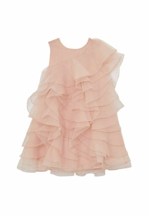 Rochie roz deschis cu volane suprapuse, design fără mâneci și decolteu rotund. Fabricată dintr-un material transparent și ușor.