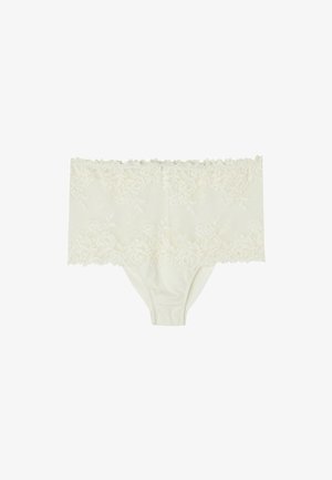 Culotte en dentelle crème, avec une taille en dentelle florale et un tissu doux. La dentelle a des bords festonnés et une texture agréable.