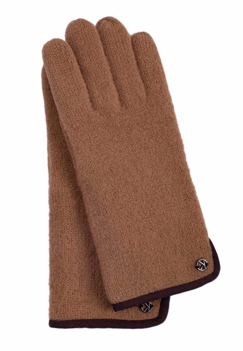 Guanti lavorati a maglia marroni realizzati in un materiale morbido, con una texture solida e un polsino marrone scuro decorato con bottoni.