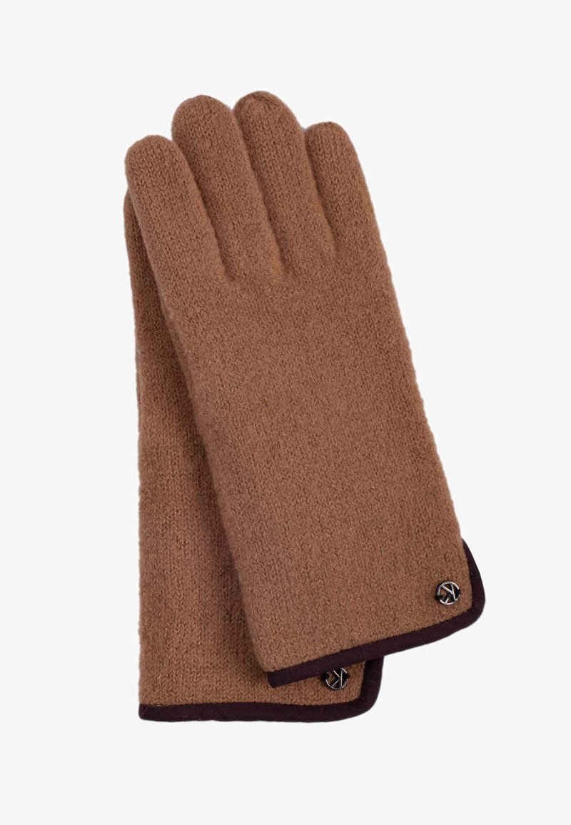 Guanti lavorati a maglia marroni realizzati in un materiale morbido, con una texture solida e un polsino marrone scuro decorato con bottoni.