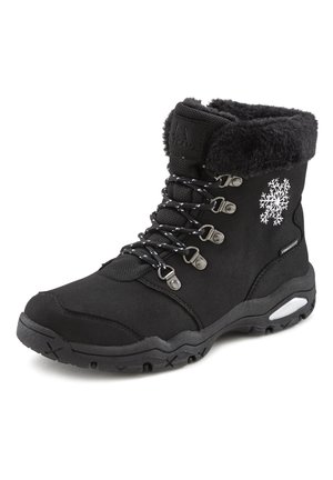Black waterproof boots with a faux fur collar, lace-up design, metal eyelets, snowflake embroidery on the side, and textured rubber sole.