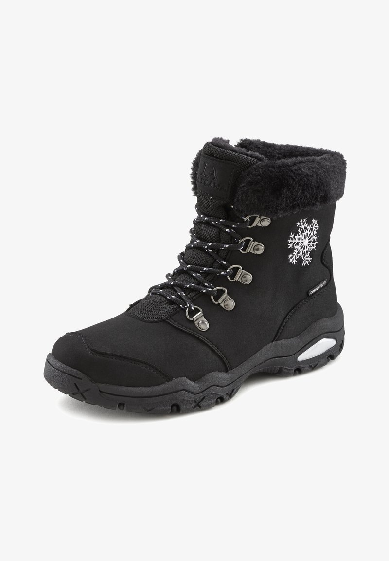 Schwarze wasserdichte Stiefel mit einem Kunstfellkragen, Schnürdesign, Metallösen, Schneeflockenstickerei an der Seite und strukturiertem Gummisohle.