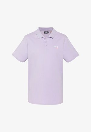 Lavendelfarbenes Poloshirt mit kurzen Ärmeln, Kragen, drei Knöpfen und kleinem weiß-rotem „Schott NYC“-Logo auf der linken Brust.