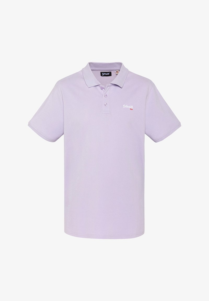 Polo manches courtes lavande avec col, trois boutons et petit logo blanc et rouge « Schott NYC » sur le côté gauche de la poitrine.
