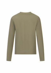 Olijfgroen langemouwen shirt, geribbelde textuur, ronde halslijn, rechte zoom en geen zichtbare logo's of patronen. Eenvoudig en onopgesmukt ontwerp.