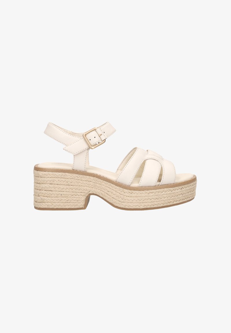 Sandal en cuir blanc avec des brides croisées, une boucle, et un talon en bloc enroulé de jute pour plus de hauteur. Fini lisse et design ouvert.