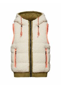 Opgeblazen gewatteerd vest met capuchon, crème kunstschapenvacht aan de voorkant en olijfgroene achterkant. Voorzien van twee zijzakken met oranje ritsen.