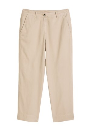 Beżowe spodnie o prostych nogawkach z bocznymi kieszeniami, szlufkami na pasek, zapięciem na guzik z przodu i zamkiem błyskawicznym, pokazane na płasko na białym tle.