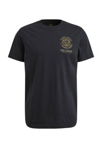 Marineblauwe katoenen t-shirt met een ronde halslijn, korte mouwen en een logo-print aan de voorkant in goud. Glad textuur, klassieke pasvorm.