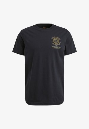 Navy plavi bombažni majica s okroglim izrezom, kratkimi rokavi in z zlatim logotipom na sprednji strani. Gladka tekstura, klasičen kroj.