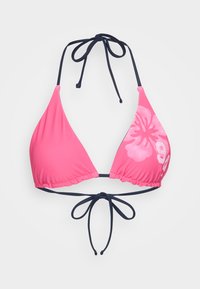 Trokutasti bikini top u jarkoj ružičastoj boji s mornarskim vezicama, s cvjetnim uzorkom i detaljem broja, izrađen od glatkog, rastezljivog materijala.