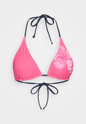 Top de biquíni triangular em rosa vivo com laços em azul marinho, apresentando um estampado floral e detalhe de número, feito de um tecido suave e elástico.