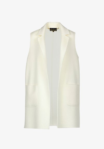 Witte mouwloze vest met een sjawlnek, gemaakt van zachte stof. Beschikt over twee voorkoeken en een open ontwerp.