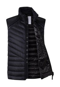 Czarna ocieplana kamizelka z wysokim kołnierzem, pikowanym wzorem, zapięciem na zamek oraz bocznymi kieszeniami. Wnętrze wyściełane gładką podszewką.