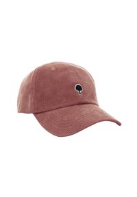 Casquette de baseball en velours côtelé rose pâle avec un bord courbé et un logo d'arbre noir à l'avant. Elle présente un tissu texturé et une forme classique.