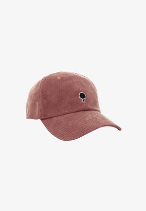 Katoenen baseballpet in gedempt roze met een gebogen klep en een zwart boompje logo aan de voorkant. Geschikt voor een klassieke look met een textuurstof.