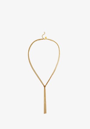 Ogrlica od zlatne mreže s V-oblikom i dugim detaljem u obliku resice; glatka tekstura i podesiva kopča na lancu.