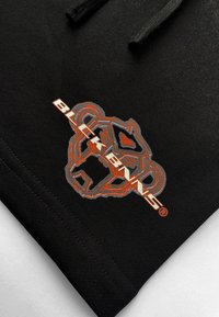 Zwarte hoodie met een opvallend, veelkleurig berenlogo in grijs en oranje, met een textuurafwerking en details van een trekkoord.