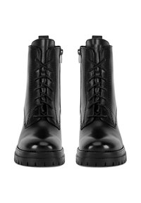 Czarne skórzane botki za kostkę o gładkim wykończeniu, z sznurowanym przodem, bocznymi suwakami i wytrzymałymi podeszwami zapewniającymi przyczepność.