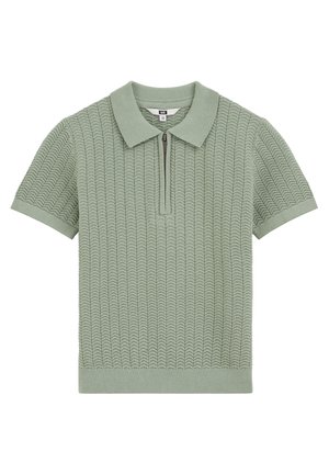 Világoszöld, rövid ujjú kötött poloing texturált hullámmintával és elöl cipzáros záródással.