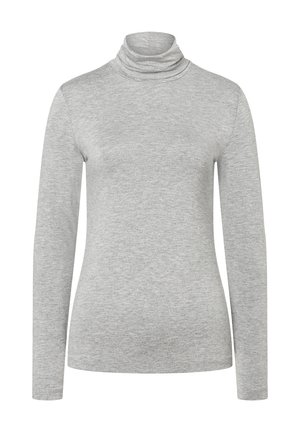 Grijs longsleeve coltrui gemaakt van zachte, lichte stof. Heeft een getailleerd lichaam en een comfortabele, gewikkelde halsontwerp. Geen patronen of accenten.