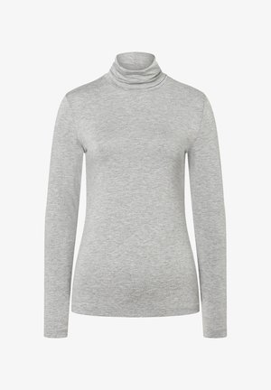 Grauer Langarmrollkragenpullover aus weichem, leichtem Material. Hat einen figurschmeichelnden Schnitt und ein gemütliches, gewickeltes Kragen Design. Ohne Muster oder Akzente.