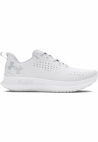 Zapatilla deportiva blanca con un upper texturizado, que presenta un diseño perforado, puntera redondeada, cordones suaves y una suela elevada con la marca "FLOW".