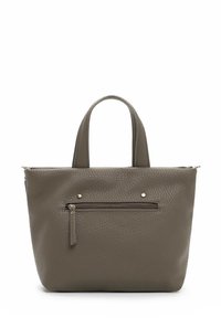 Gray leather tote bag with textured finish, two top handles, and front zip pocket featuring small metallic accents. Zipper closure at top.