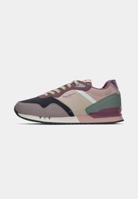Multicolored sneaker featuring a mix of pink, green, and black materials. Mesh and suede textures with a padded collar and rubber sole.