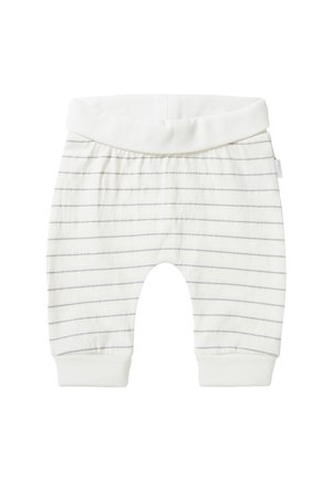 Pantalons en coton légers et doux avec une base blanche et de fines rayures grises, dotés d'une large ceinture élastique et de côtes aux chevilles.