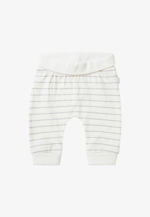 Lichte, zachte katoenen broek met een witte basis en dunne grijze strepen, voorzien van een brede elastische tailleband en geribbelde enkelboorden.