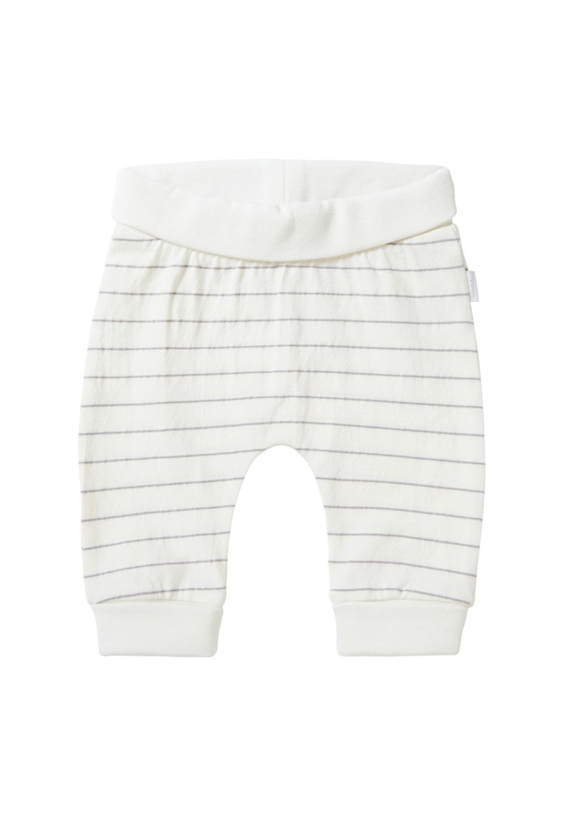 Lichte, zachte katoenen broek met een witte basis en dunne grijze strepen, voorzien van een brede elastische tailleband en geribbelde enkelboorden.