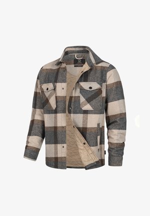 Grijs, beige en bruine geruite flanellen shirtjack met twee borstzakken, drukknoopsluiting en gewatteerde binnenvoering. Heeft lange mouwen.