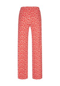 Rode broek met een wit abstract patroon, met een rechte pijpdesign en een elastische tailleband. Gemaakt van lichtgewicht stof met een gladde textuur.