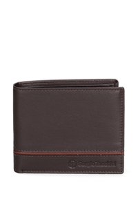 Portefeuille bi-fold en cuir marron avec une texture lisse, des coutures orange contrastantes et un logo embossé sur le devant. Design compact avec plusieurs fentes.
