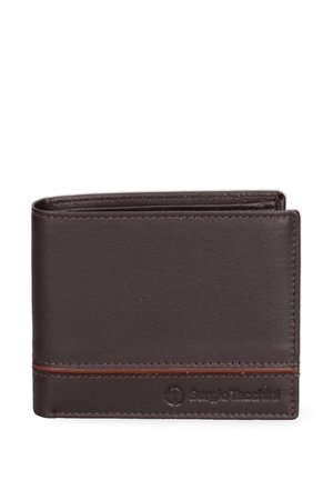 Portefeuille bi-fold en cuir marron avec une texture lisse, des coutures orange contrastantes et un logo embossé sur le devant. Design compact avec plusieurs fentes.