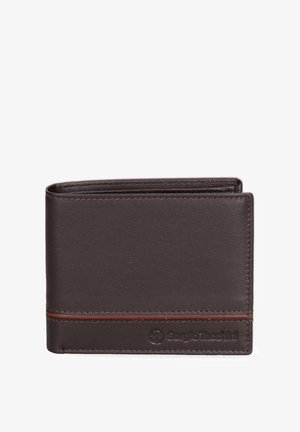 Brown leather bi-fold wallet with a smooth texture, contrasting orange stitch, and embossed logo on the front. Compact design with multiple slots.