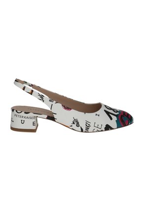 Zapato slingback blanco con patrones abstractos coloridos y texto, punta redondeada, tacón bajo, y textura de tela suave. Nombre de la marca visible.