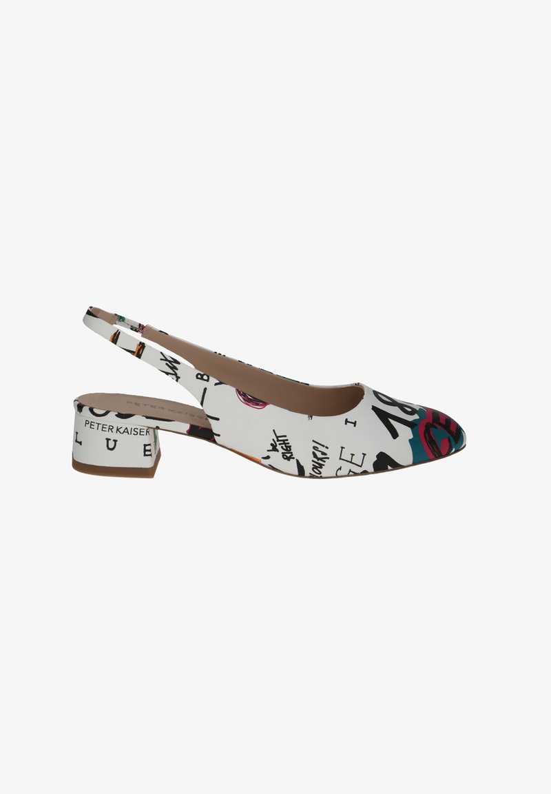 White slingback shoe with abstract colorful patterns and text, rounded toe, low block heel, and smooth fabric texture. Brand name visible.