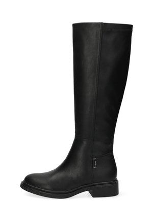 Botas de cuero negro hasta la rodilla con una textura suave, punta redonda, tacón apilado y un detalle de cremallera lateral para facilitar el uso.