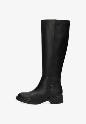 Stivali in pelle nera alti fino al ginocchio, con una texture liscia, punta tonda, tacco impilato e dettagli con zip laterale per una facile calzata.