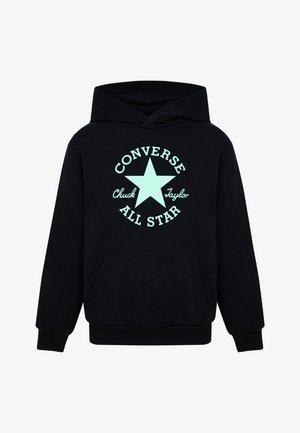 Schwarzer Hoodie mit einem großen mintgrünen Grafikdesign, das einen Stern und den Text "CONVERSE Chuck Taylor ALL STAR" zeigt. Weiche Stoffqualität, Fronttasche.