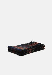 Plaid scarf featuring a black base with multicolored stripes in red, blue, and green. Soft texture with fringed edges. Folded neatly.