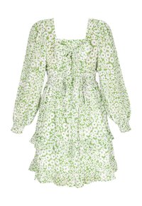 Rochie florală verde cu mâneci lungi tip puff, decolteu pătrat, talie elastică și tiv cu volane. Prezintă motive cu flori albe pe toată suprafața.