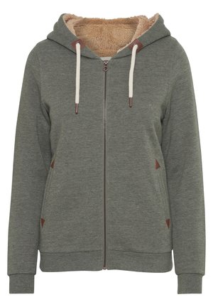 Hættezip-sweatshirt i olivengrøn, med en blød beige fleeceforing, cremede snore og brune læderdetaljer.