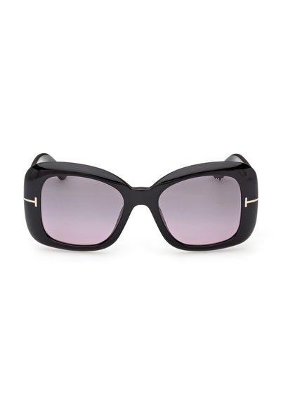 Lunettes de soleil rectangulaires noires oversize avec des verres dégradés gris et des accents dorés en forme de T sur les branches.
