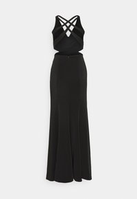 Černé šaty s přiléhavým korzetem a zkříženými ramínky, které mají rozšířenou sukni a zip na zadní straně. Vyrobené z hladké látky s mírným leskem.